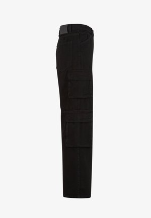 Black cargo pants with multiple large flap pockets, belt loops, and a straight leg cut shown from the side.