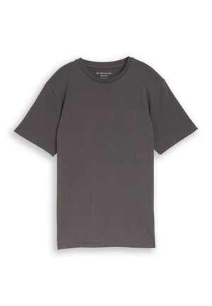 Dunkelgraues T-Shirt mit kurzen Ärmeln und Rundhalsausschnitt, regulärer Passform, schlichtem Design und sichtbaren Nähten an Ärmeln und Saum.