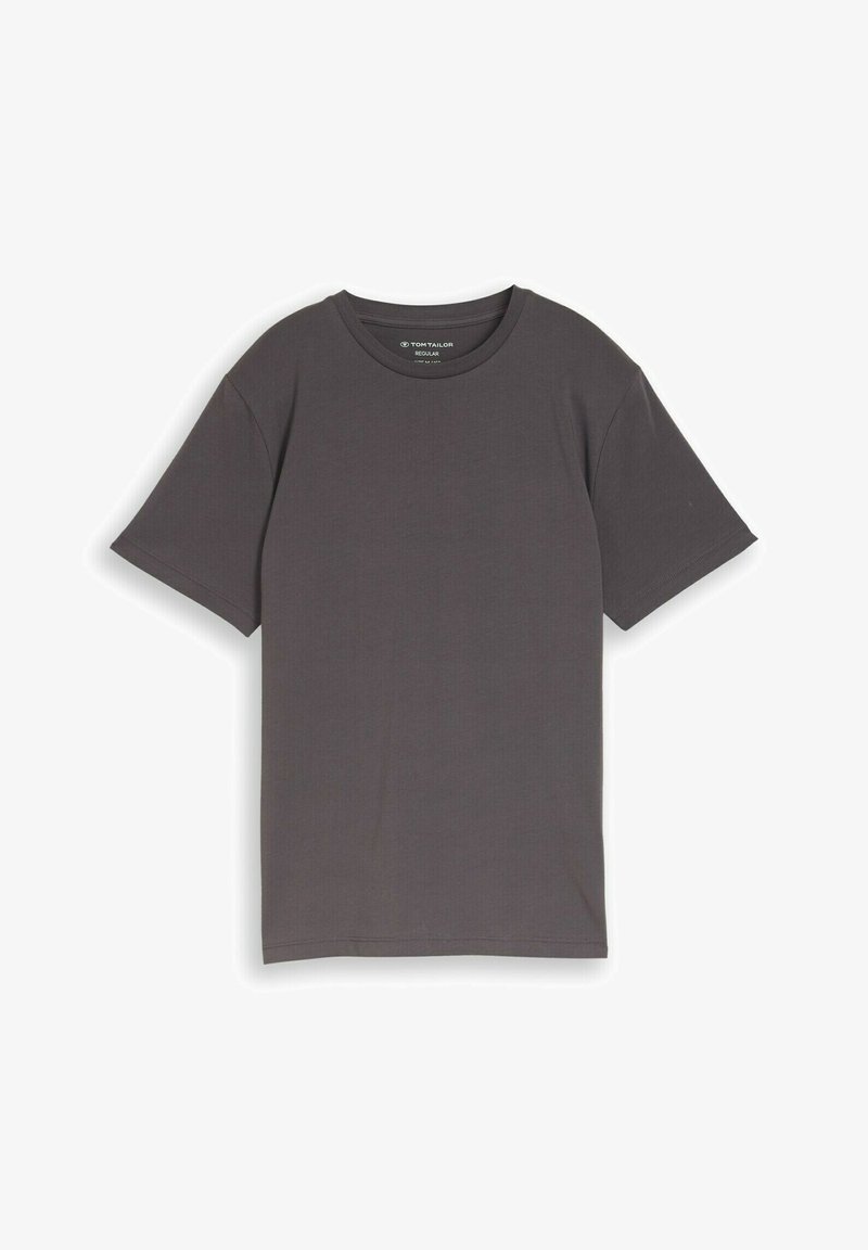 T-shirt gris foncé à manches courtes et col rond, coupe régulière, design uni, avec des coutures visibles sur les manches et l'ourlet.