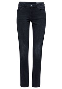 Jeans de mezclilla negra de pierna recta con un diseño clásico de cinco bolsillos, textura suave y cierre frontal con botón.