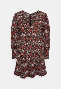 Vestido floral com mangas longas, base preta, apresentando flores vermelhas, azuis e brancas. Barra evasê, decote em V com fecho nas costas, tecido leve.