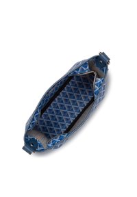 Borsa a tracolla blu con motivo geometrico, chiusura con cerniera e dettagli in pelle liscia. L'interno presenta una fodera blu a contrasto.