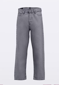 Szürke farmer nadrág egyenes szabással, magas derékrésszel, övbújtatókkal és elöl gombos záródással. Simább, texturált anyag.