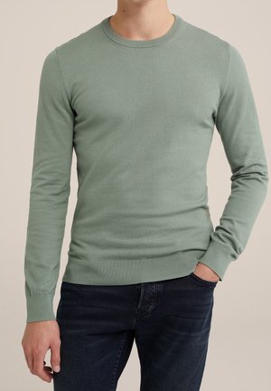 Helles grünes Strickpullover mit Rundhalsausschnitt, langen Ärmeln sowie gerippten Bündchen und Saum. Über dunklen Jeans getragen. Glatte Textur.