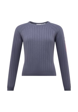 Szary sweter z prążkowanym wzorem, z długimi rękawami i okrągłym dekoltem. Posiada małą naszywkę z logo na rękawie. Wykonany z materiału z teksturowanym splotem.