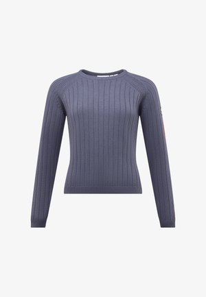 Grijze geribde trui met lange mouwen en een ronde halslijn. Heeft een klein logo-opdruk op de mouw. Gemaakt van een gestructureerd breimateriaal.