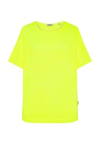 Neon-gelbes Mesh-T-Shirt mit kurzen Ärmeln, Rundhalsausschnitt und lockerer Passform. Es hat eine strukturierte Oberfläche und ein kleines Markenschild an der Seite.