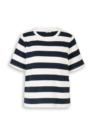 Kurzärmeliges T-Shirt mit Rundhalsausschnitt und breiten horizontalen Streifen in Marineblau und Weiß, dargestellt vor weißem Hintergrund.