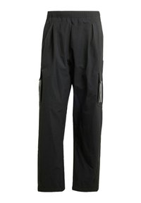 Black cargo pants with an elastic waistband, side pockets, and reflective accents. Made from lightweight, water-resistant material.