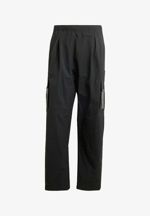 Black cargo pants with an elastic waistband, side pockets, and reflective accents. Made from lightweight, water-resistant material.