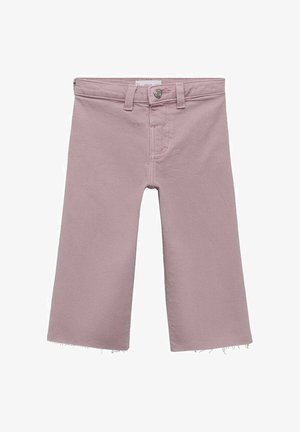 Svetlo roza kratke hlače iz bombažnega mešanega blaga, ki imajo strgane robove, sprednje zapiranje na gumb in standardno zasnovo s petimi žepi.