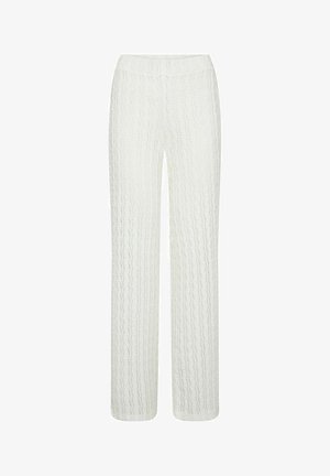 Fehér, bő szárú nadrág, texturált bordás mintával, rugalmas derékpánttal és hosszú, egyenes lábakkal.
