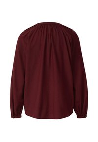 Burgundy long-sleeve blouse with a round neckline, gathered fabric at the back, and buttoned cuffs. Smooth, soft texture.