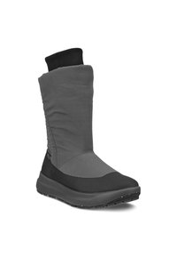 Grå tygstövel med ett högt elastiskt skaft, svart gummisula och en slät yta. Har en lagerdesign med en smäcker silhuett.