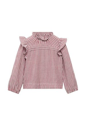 Rood-witte gestreepte blouse met lange mouwen, ruffle-mouwen en een hoge halslijn, met een gefronste naad over de borst.