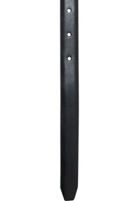Schwarzer Lederbelt, schmales Design, spitze Spitze, mit fünf Löchern zur Verstellung, glatte Textur mit subtiler Maserung.