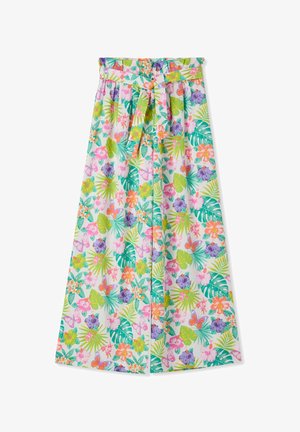 Pantaloni bianchi a gamba larga con stampa colorata tropicale di fiori e farfalle, vita elasticizzata e cintura in tessuto abbinato annodata sul davanti.
