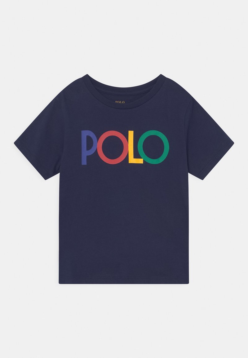 T-shirt in cotone blu navy con grafica "POLO" multicolore in lettere maiuscole e separate. Maniche corte e scollo classico a girocollo.