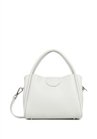 Sac à main en cuir blanc avec une forme structurée, des poignées supérieures arrondies et une bandoulière amovible. Présente une surface texturée et des coutures subtiles.