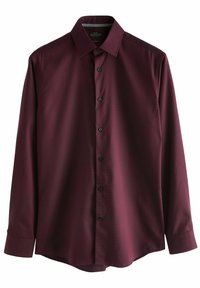 Burgunderfarbendes Langarmshirt aus glattem Stoff mit einfarbigem Muster, featuring einem Kragen, schwarzen Knöpfen und einem abgerundeten Saum.