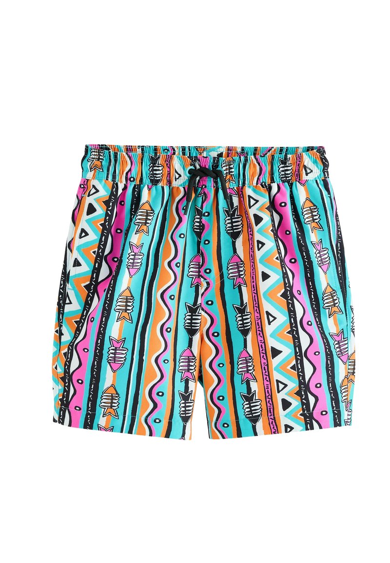 Pantalones cortos de baño coloridos con cintura elástica, que presentan un patrón multicolor de peces y líneas onduladas en azul, rosa, naranja y negro.