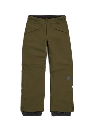 Pantalons de neige vert olive avec un extérieur résistant à l'eau, dotés d'un revers intérieur noir, de poches zippées et d'un écusson logo sur la jambe gauche.