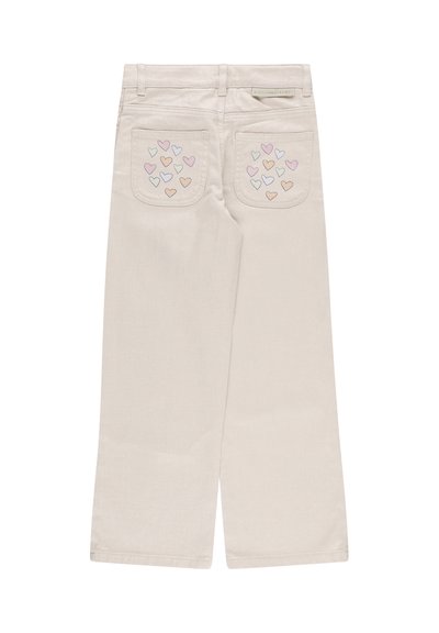 Jeans beige a gamba larga con due tasche posteriori decorate da ricami a forma di cuore in colori pastello. Realizzati in tessuto resistente con una finitura liscia.