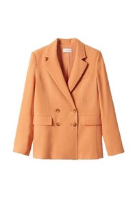 Dvoubarevný blazer ve světle oranžovém materiálu. Obsahuje klopové límce, dvě přední kapsy a zlaté knoflíky. Lehké a přiléhavé provedení.