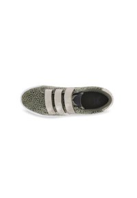 Green sneaker with a textured upper, featuring three contrasting silver straps, white sole, and a plush interior for comfort.