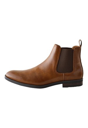 Brauner Chelsea-Stiefel aus Leder mit elastischen Seitenteilen, rundem Zehenbereich, Zuglasche und schwarzer Gummisohle, mit glatter Textur und minimalistischem Design.
