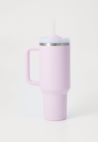 Pink insulated tumbler with a handled design, smooth matte finish, stainless steel band, and a straw. Tall, cylindrical shape.