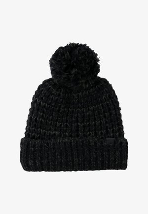 Zwarte gebreide beanie met een pompon bovenop, geribbelde rand, gestructureerd garen en een klein logo-opdruk aan de zijkant.