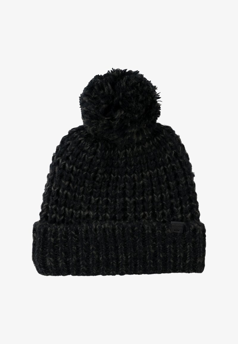 Czarna dzianinowa czapka z pomponem na górze, ribbowa mankiet, teksturowana włóczka oraz mała łatka z logo z boku.