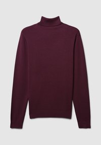 Burgunderroter Rollkragenpullover aus weichem Strickstoff; verfügt über lange Ärmel, gerippten Kragen und Manschetten, durchgehend glatte Textur.