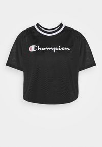 Black crop top made of breathable mesh fabric, featuring a round neckline with black and white stripes and "Champion" logo in white and red.