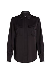 Schwarzes, langärmliges Hemd aus glattem Stoff. Verfügt über einen Button-Down-Kragen, zwei Brusttaschen und einen geraden Saum mit leichtem Gathering an den Manschetten.