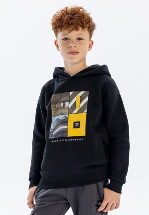 Black cotton hoodie with graphic print featuring four square images and text. Ribbed cuffs and hem. Front kangaroo pocket.