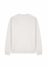 Világosszürke pulóver, pamut keverék, bordázott mandzsetta és szegély, raglán ujjú, sima textura, egyszerű dizájn, nincsenek további minták vagy részletek.