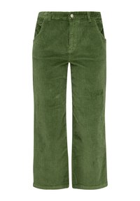 Pantalon large en velours côtelé vert avec poches avant, passants pour ceinture et fermeture par bouton à la taille.