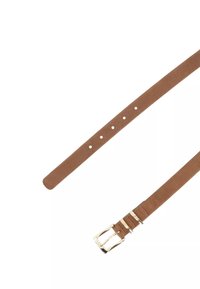 Brown leather belt with six adjustment holes and a silver rectangular buckle on a white background.