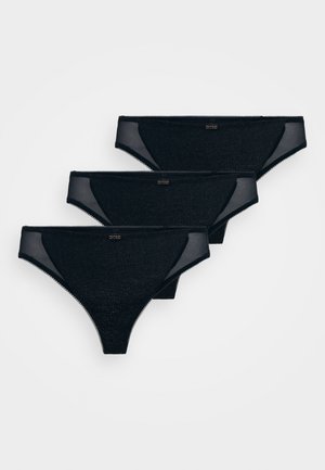 Drie paar zwarte slips met een textuurstof, doorzichtige rand en subtiele metallic accenten langs de tailleband.