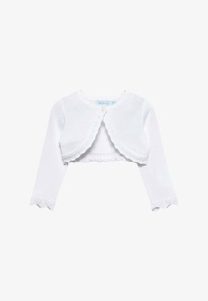 Cardigan bianco corto con maniche lunghe, bordi smerlati, un solo bottone superiore e delicati dettagli in pizzo sui polsini e sull'orlo.