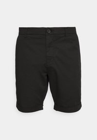 Černé bavlněné šortky s plochým předním dílem, ohnutými manžetami a knoflíkovým zapínáním. Hladká textura bez viditelných vzorů nebo akcentů.