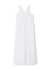 Abito maxi bianco senza maniche con scollatura a V e spalline incrociate. Realizzato in tessuto leggero, presenta una silhouette dritta e una texture liscia.
