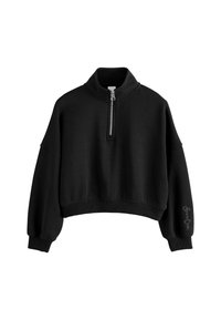 Schwarzer, kürzer geschnittener Sweatshirt aus weichem Material, mit hohem Kragen, halbem Reißverschluss auf der Vorderseite und weiten Ärmeln mit Logo-Detail am Bündchen.