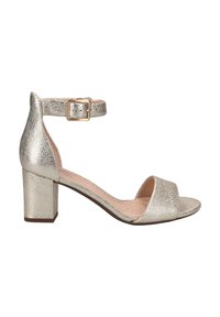 Silberner Blockabsatz-Sandel mit strukturiertem Material, Knöchelriemen und offener Zehenpartie. Verfügt über eine goldfarbene Schnalle und eine glatte Fußbett.