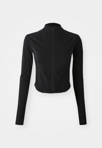 Svart zip-up jacka med långa ärmar, figursydd design, slät stretchy tyg och subtil sömdetaljering. Idealisk för aktivt bruk.