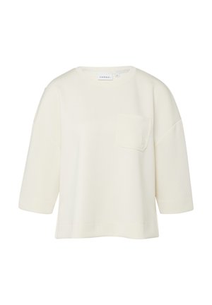 Biała luźna bluzka z rękawami do połowy przedramienia i kieszenią na piersi, z okrągłym dekoltem, marki Comma.