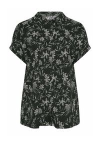 Blusa nera a maniche corte con motivo floreale e di vite bianco, apertura con bottoni e colletto classico. Tessuto leggero con una vestibilità rilassata.