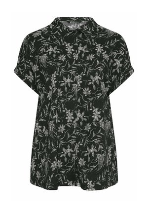 Czarna bluzka z krótkim rękawem z białym wzorem kwiatów i winorośli, zapinana na guziki, z klasycznym kołnierzykiem. Lekkie materiały i luźny krój.